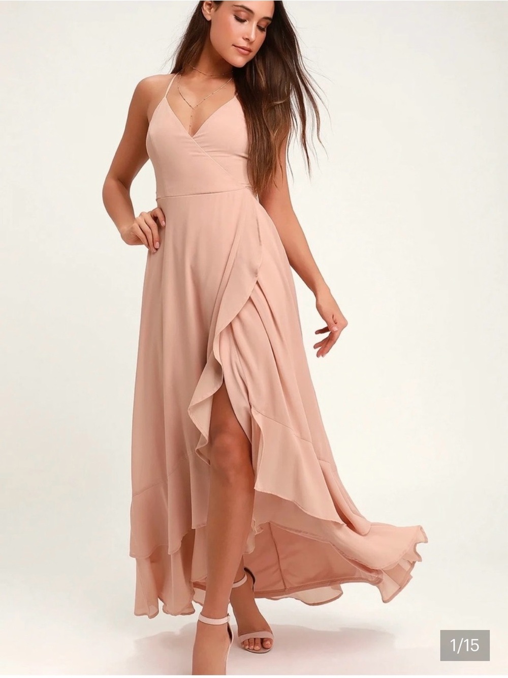 Lulu’s Luxurious Love Blush Lace-Up Maxi Dress